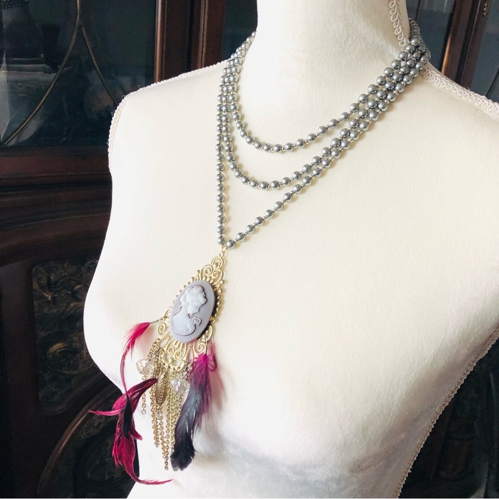 Handcrafted filigree cameo gray Czech Pearl genuine ruby gemstone clasp necklace